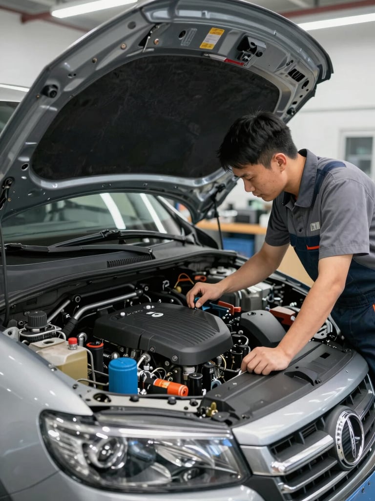 A professional mechanic in a clean uniform checking the engine bay of a modern passenger van, bright workshop lighting, organized tools.