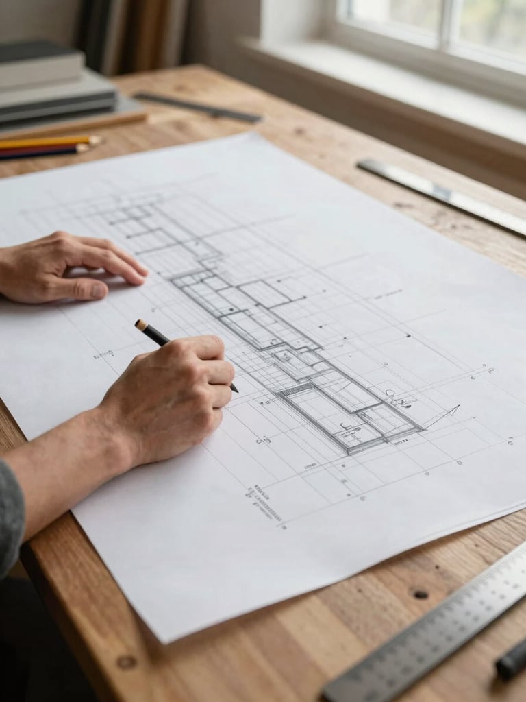 Wide environmental frame, left edge: an architect's hands tracing lines on a large technical drawing spread across a wooden studio desk, natural north-facing window light, pencils and rulers visible at the periphery, no faces, context and craft foregrounded