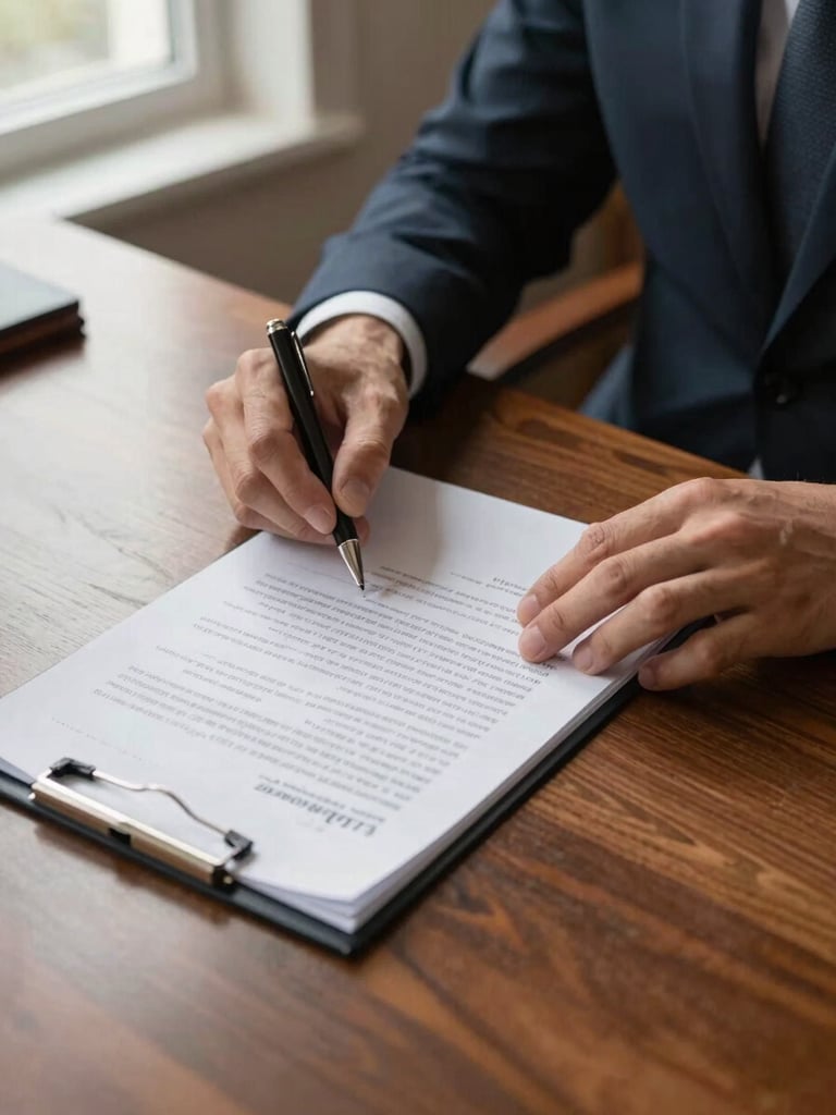 Close environmental shot of a lawyer's hands reviewing a contract on a polished mahogany desk, a legal pad with precise handwritten notes visible beside the document, natural north-facing window light from the left casting soft shadows, no face in frame