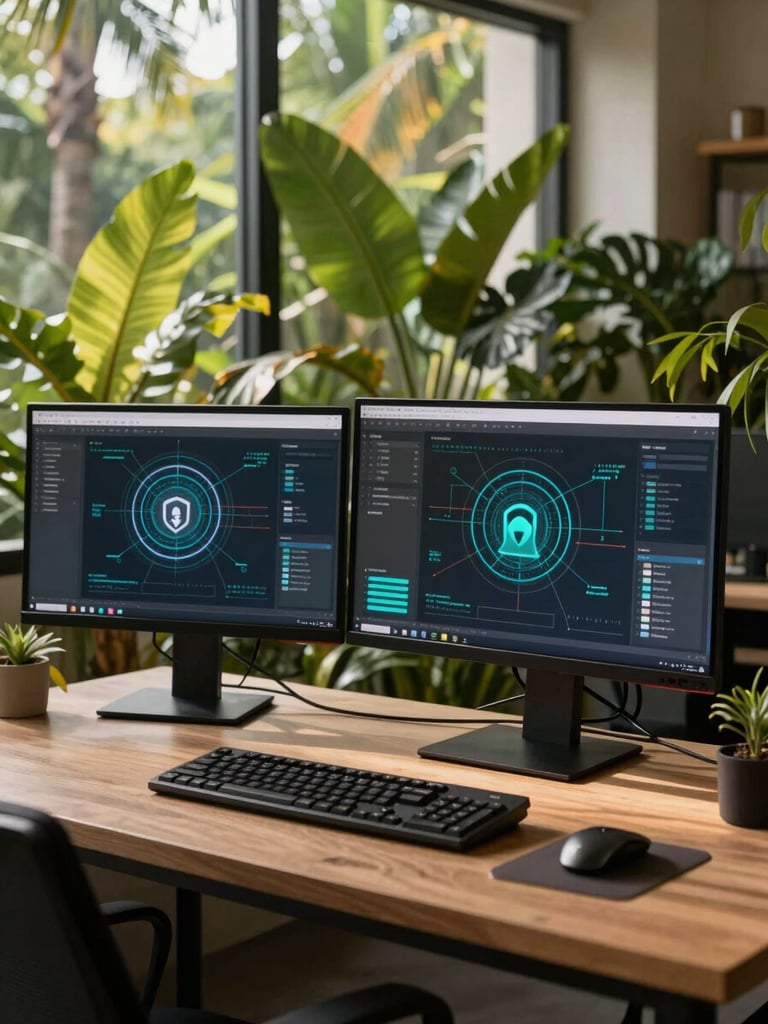 A clean professional IT workspace with high-contrast displays showing network security diagrams, warm tropical daylight streaming through large windows, deep green plants in the background, crisp medium format photography