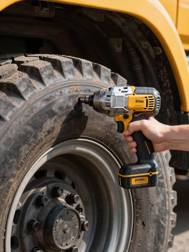 Close-up of a heavy-duty impact wrench mounting a commercial truck tire, sharp focus on tire tread, industrial outdoor daylight, 35mm