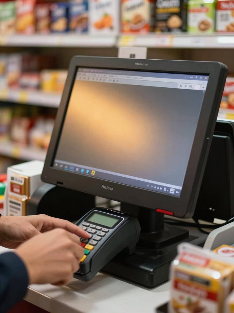 Close-up of a POS terminal screen active on a retail counter in a Mexican tienda, hands of a cashier mid-transaction, product labels blurred in background, tungsten overhead light casting warm amber on the screen surface