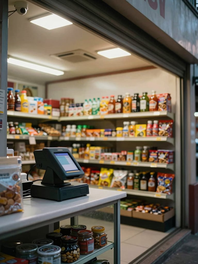 Wide environmental shot inside a Mexican abarrotes store at dusk, POS terminal in active use on the counter left, surveillance camera visible on the ceiling corner, tungsten interior light mixing with fading natural light through the storefront window, no people visible