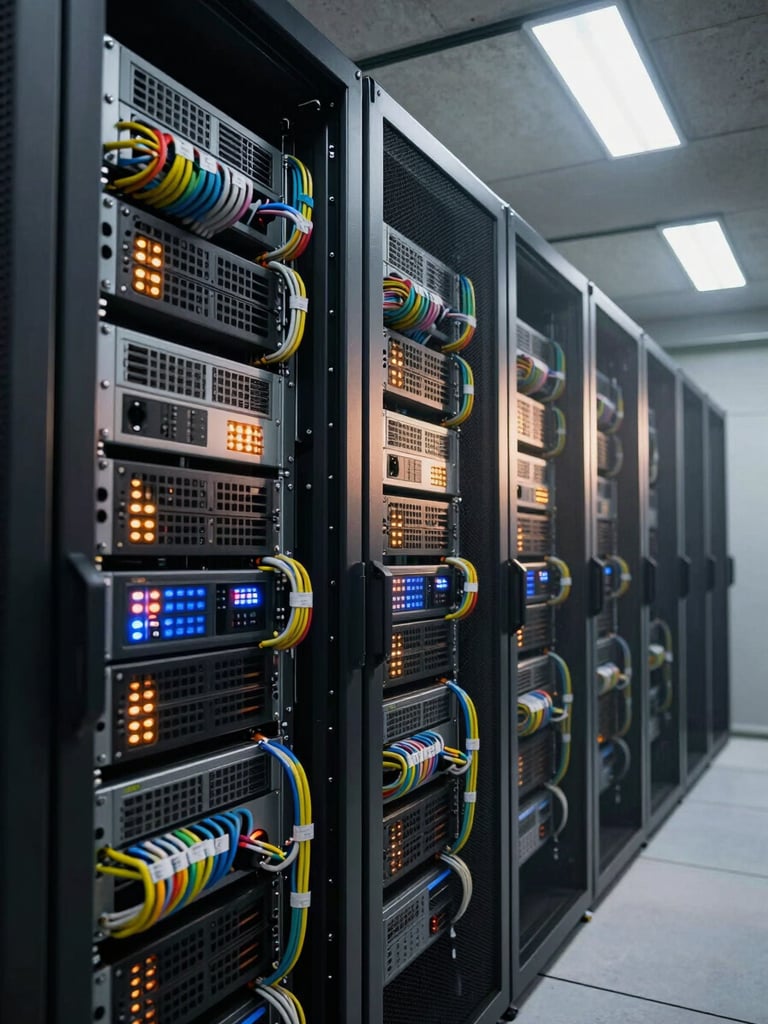 Wide-angle view from the left side of a dense server rack installation in a business data room, cables neatly bundled and labeled with color-coded tags, fluorescent overhead lighting casting hard shadows on brushed metal chassis panels, equipment LEDs glowing amber and blue, concrete wall visible in the background