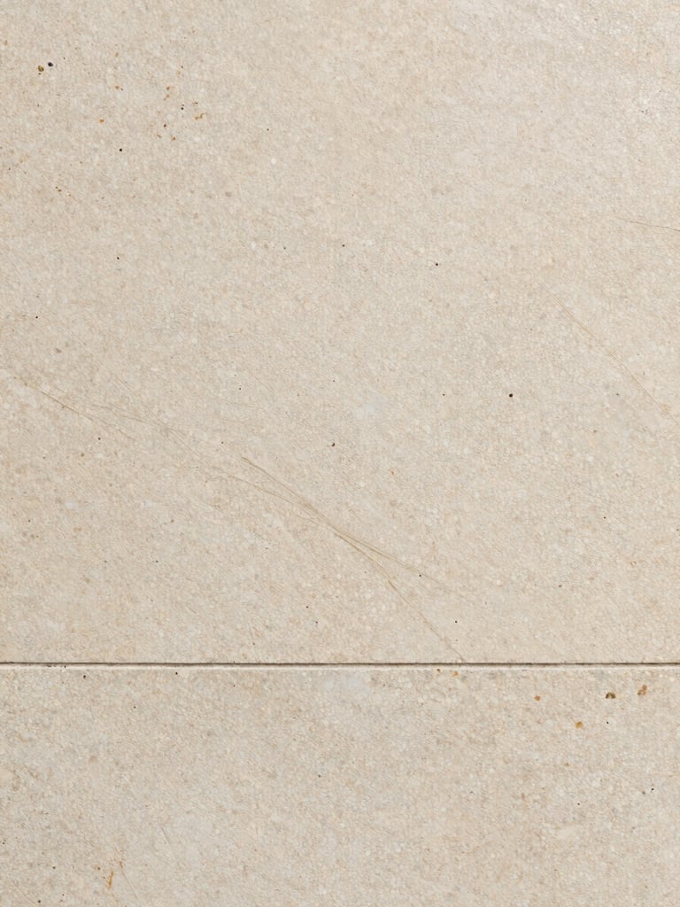 Close-up overhead shot of travertine tile surface, natural vein detail and pitting visible, raking side light revealing surface texture, grout line running along lower third, earthy cream and grey tones, no tools or hands