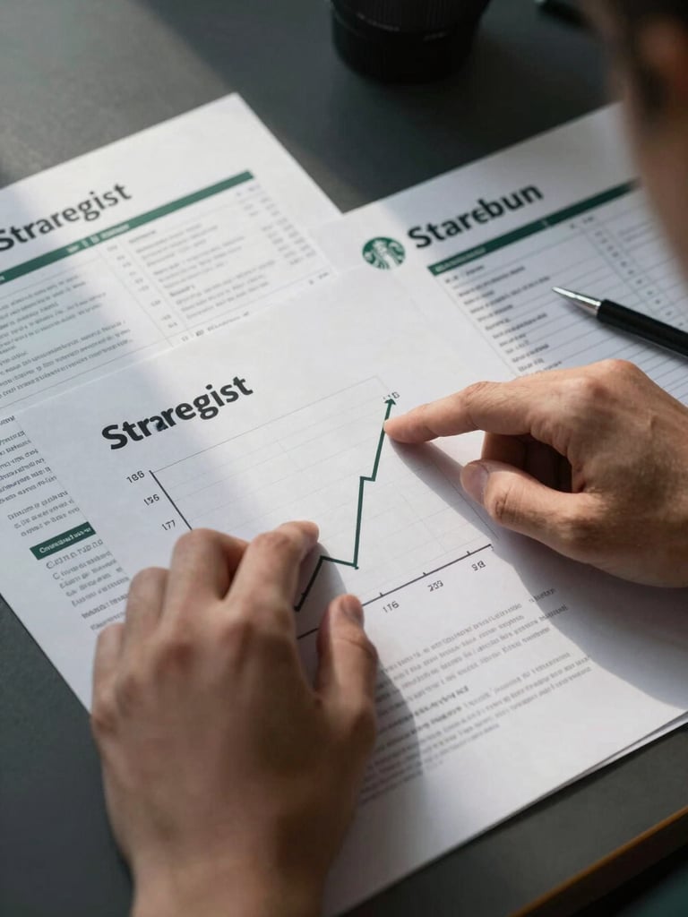 Strategist's desk seen from above, Starbun brand documents and data printouts spread on dark surface, one hand pointing to a growth chart, harsh directional light from top-left, no faces visible