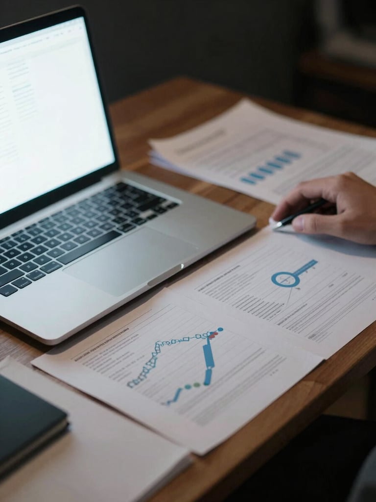 Close-up wide shot of a desk workspace at night — a laptop screen casting blue-white light on scattered positioning notes and printed analytics reports, a hand resting on a keyboard, dark background, sharp rim light from the left, no face visible, editorial and precise