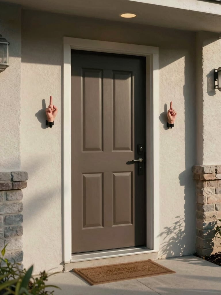 Wide shot of a residential entryway exterior from ground level, camera angle illustrating two distinct mounting heights marked by a hand gesture, afternoon side light casting shadow across the door surround, no faces