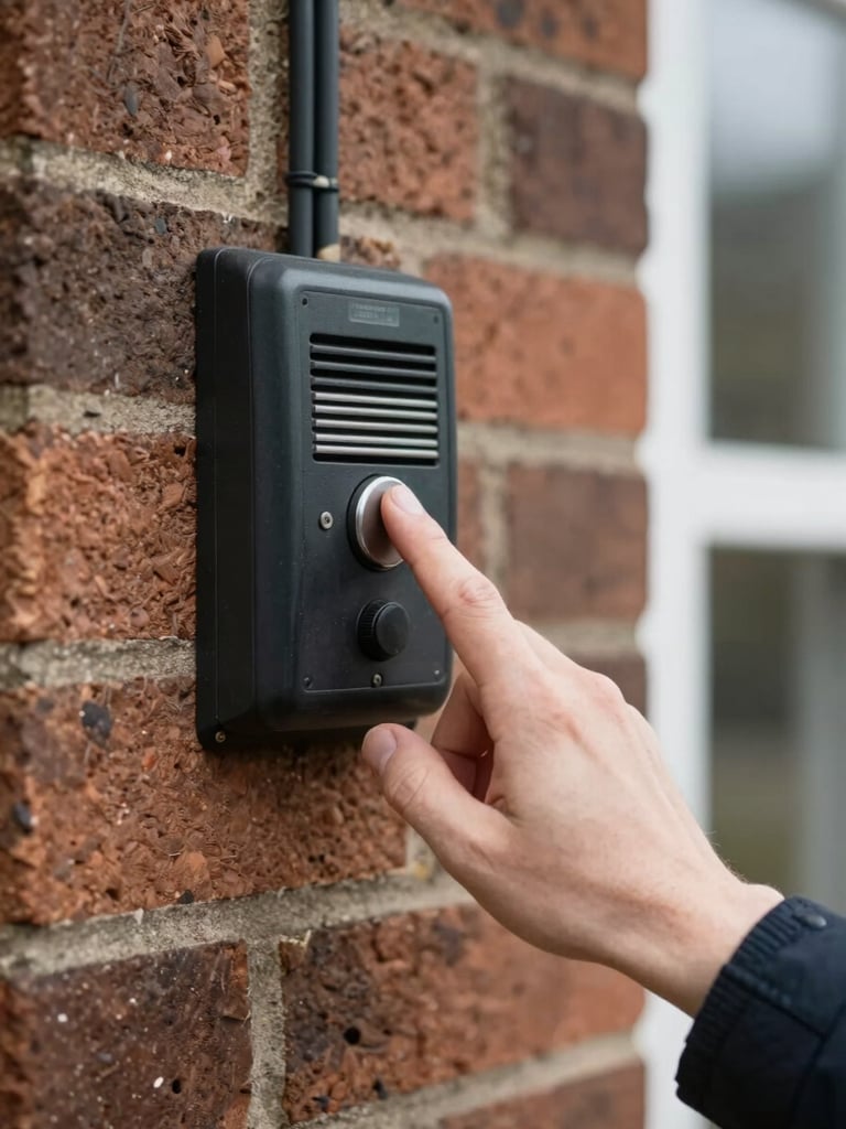 Close-up of a hand hovering over a doorbell camera mount on a brick exterior wall, wiring partially visible, overcast natural light, residential context, no face in frame