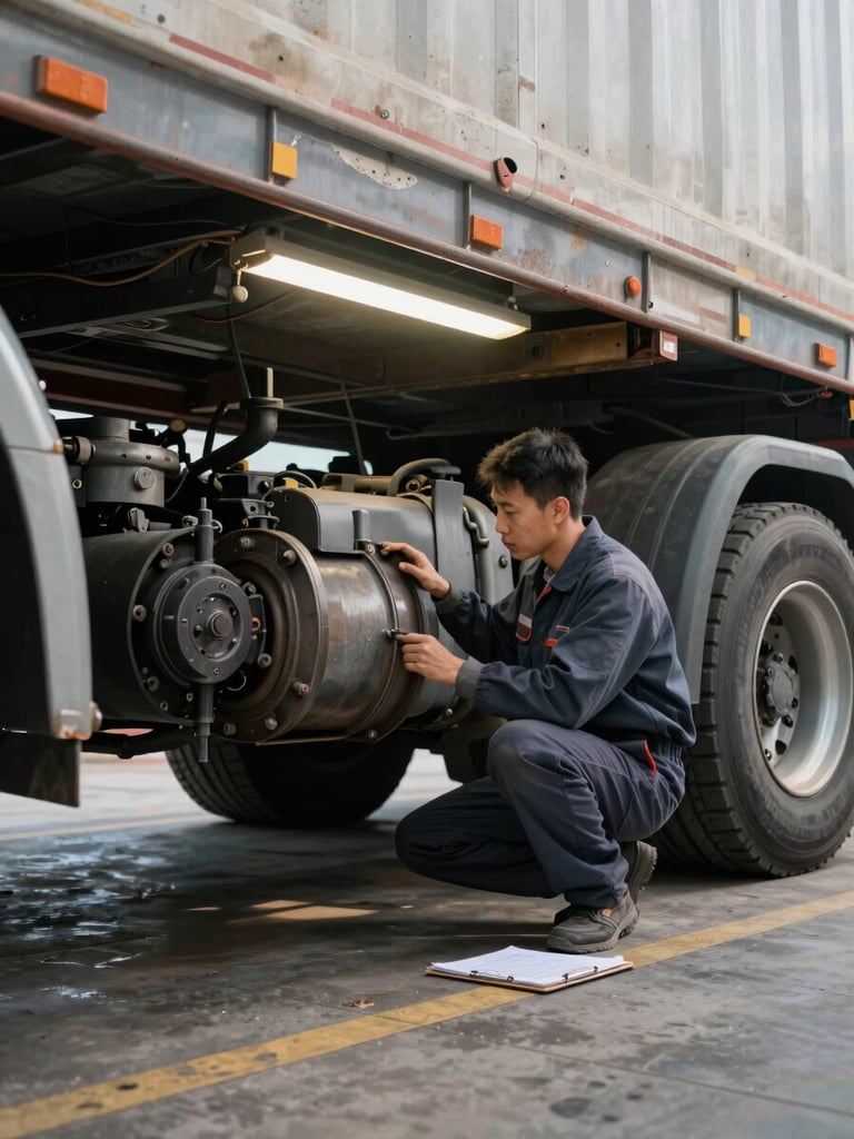 Wide environmental shot inside a heavy-truck service bay, a technician crouched under the chassis of a semi-truck inspecting the axle assembly, fluorescent overhead lighting casting sharp shadows on weathered steel, inspection checklist clipboard visible on the floor nearby, no people posing — pure working documentation