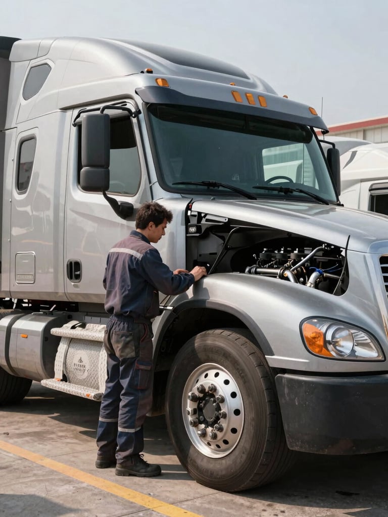 Daylight exterior shot of a heavy-duty semi-truck parked on an inspection lot, mechanic in work clothes examining the engine bay from the driver-side step, hood raised, showing valve covers and intake manifold in direct afternoon sunlight, mileage placard visible on the door jamb, no glamour framing — documentary and operational