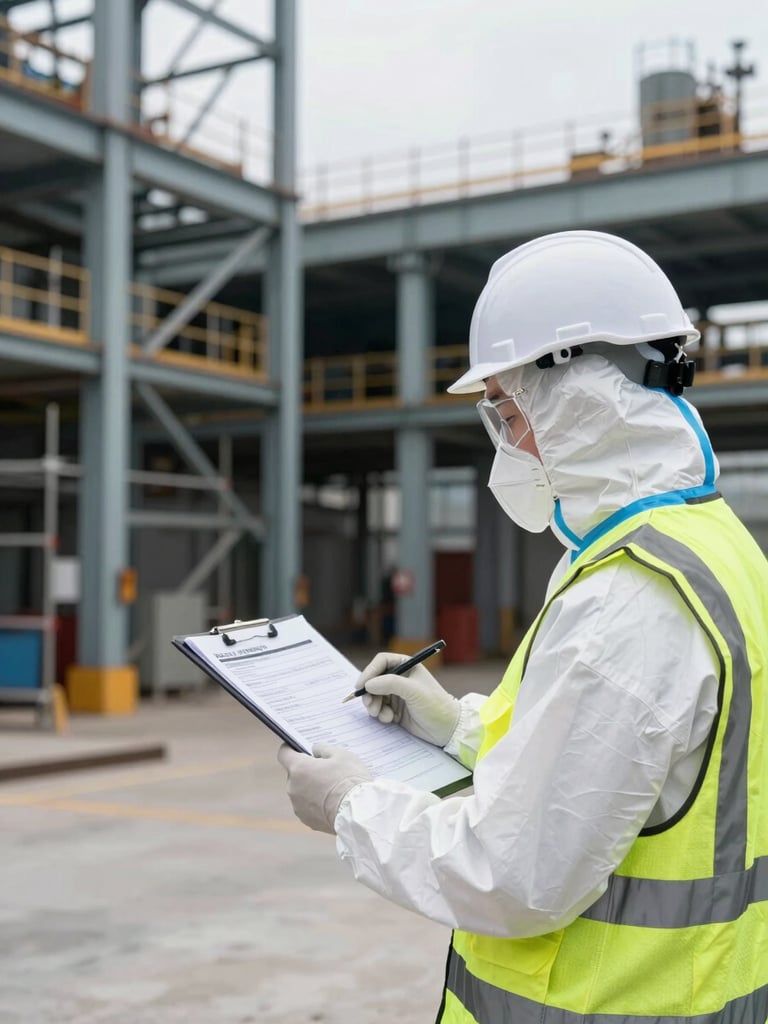 Wide environmental shot of a safety technician in full PPE reviewing an audit checklist on a clipboard at an industrial job site, overcast natural daylight, foreground shows hard hat and high-visibility vest in sharp focus, background shows structural steel and scaffolding out of focus