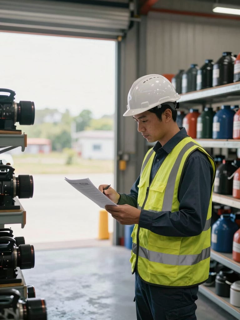 Safety technician in hard hat and vest reviewing a PGR document alongside a rack of PPE equipment in a warehouse, natural daylight from an open bay door, wide environmental framing