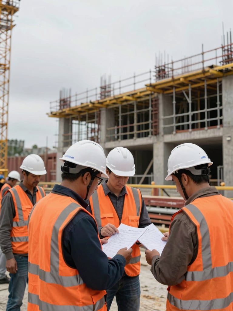 Wide panoramic shot of an active construction site at overcast midday, workers in orange high-visibility vests and white hard hats reviewing a technical document in the foreground, steel scaffolding and concrete structure in the background, left side of frame open with natural grey sky