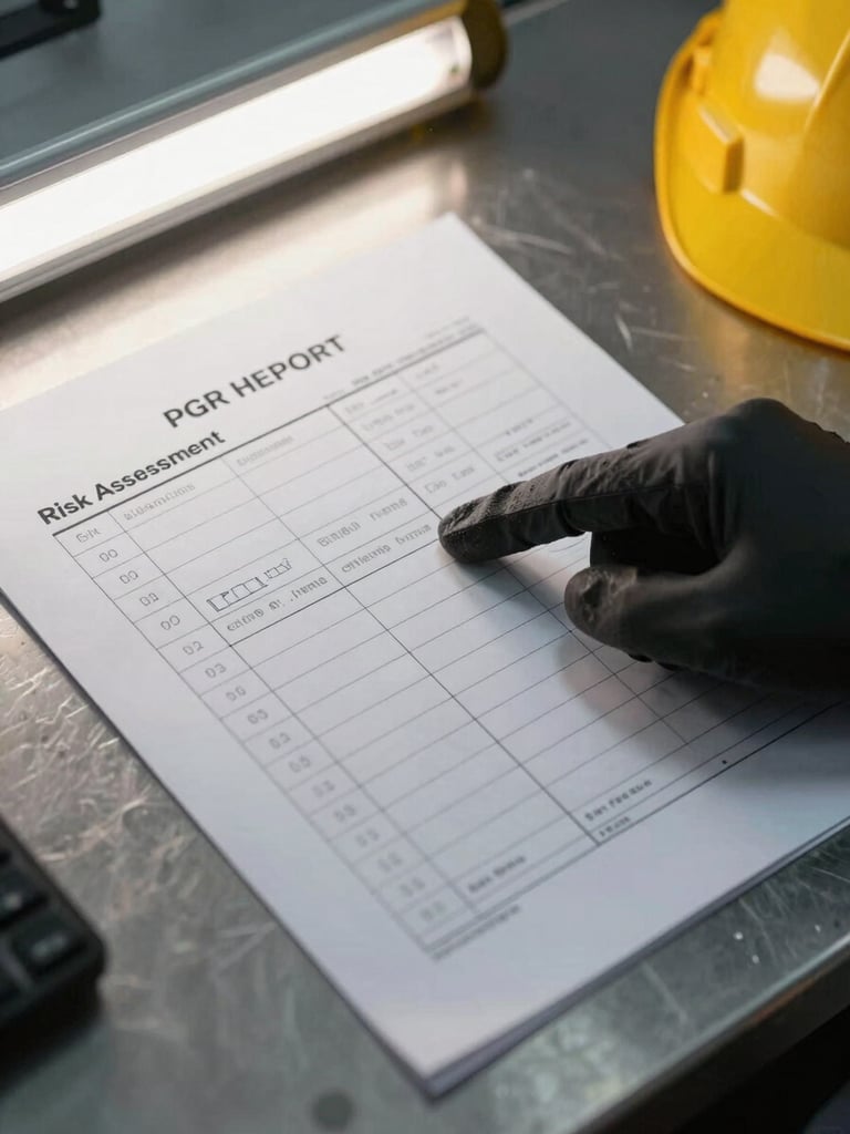 Close-up overhead of a PGR technical report document spread on a metal site table, a gloved hand pointing at a risk assessment matrix, fluorescent industrial lighting, hard hat visible at frame edge