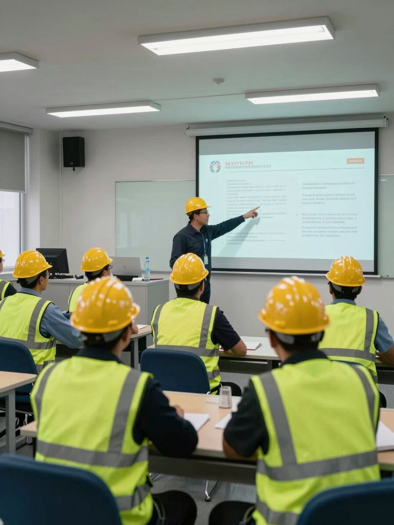 Wide shot of an industrial training room, workers seated at tables wearing high-visibility vests and hard hats, instructor pointing to a safety compliance document on a projector screen, fluorescent overhead lighting, technical environment