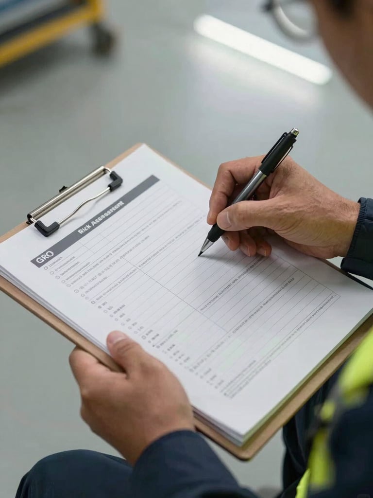 Close-up overhead of safety technician's hands reviewing a GRO risk assessment checklist on a metal clipboard, fluorescent industrial floor lighting, pen marking an item, technical report pages visible beneath