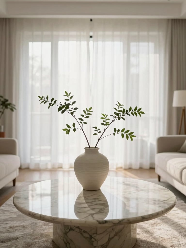 Straight-on architectural shot of a bright, serene living room in soft morning light, marble coffee table reflecting a clean ceramic vase with a single green branch, minimalist aesthetic.