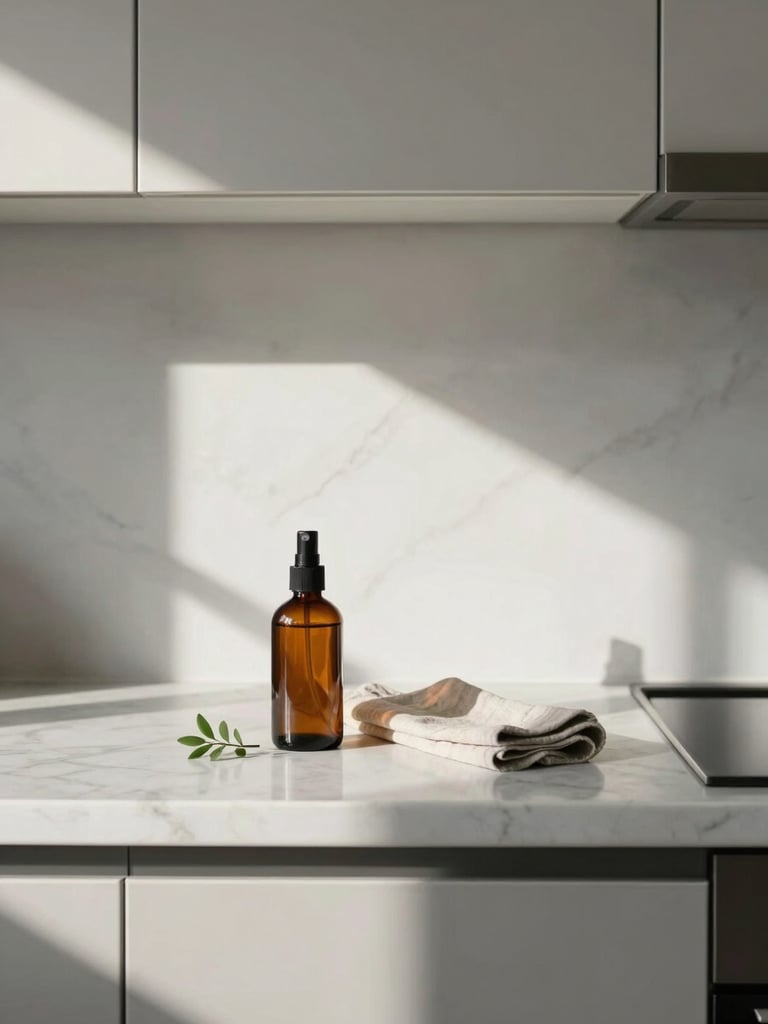 Straight-on architectural shot of a minimalist, sunlit kitchen counter, soft morning light casting gentle shadows, a single amber glass spray bottle and a folded linen cloth beside a small green sprig, pristine marble surface.