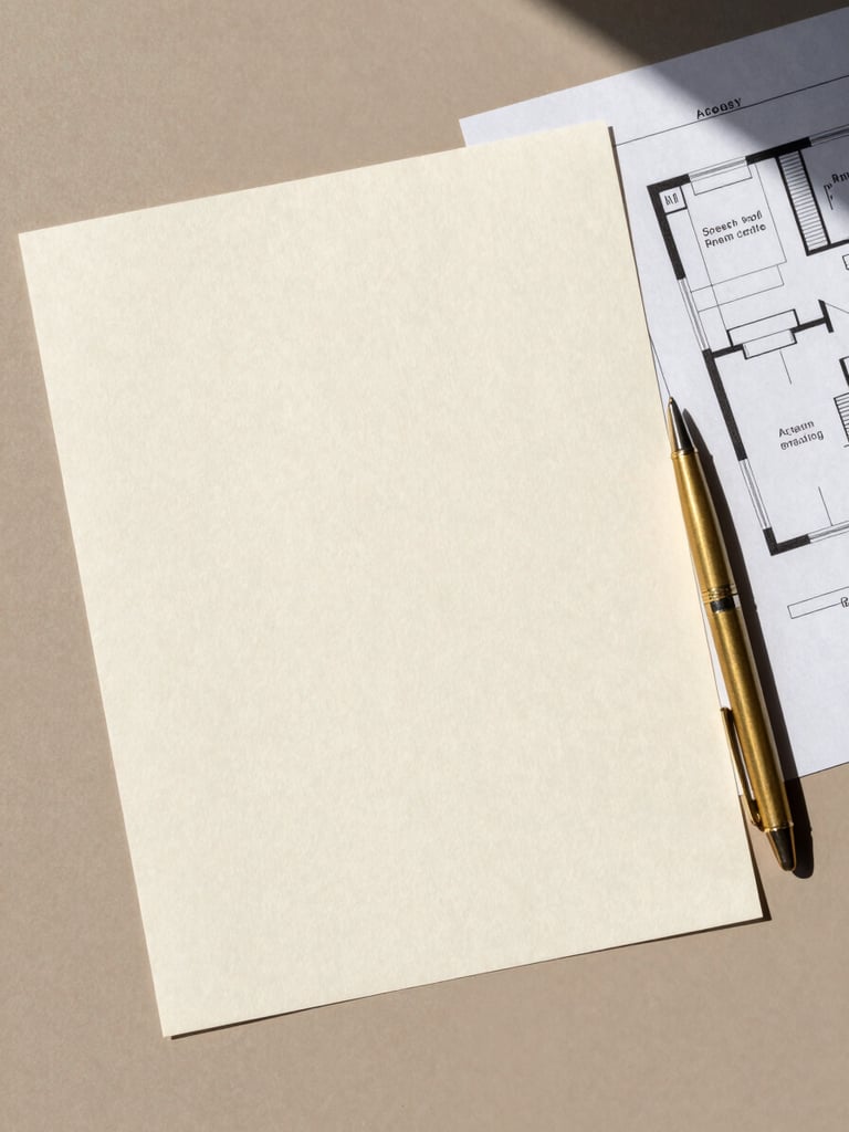 Overhead flat-lay of a structured logistics brief on textured cream paper beside a brass pen and a folded site-access floor plan, natural north-facing daylight, no people, clean composition on a warm taupe surface