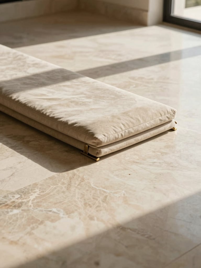 Close-up overhead of a marble-floored empty luxury villa interior at The Palm, a single brass corner brace and folded furniture pad precisely placed on the floor, natural soft north-facing daylight casting long shallow shadows, warm stone and cream tones, no people, no clutter