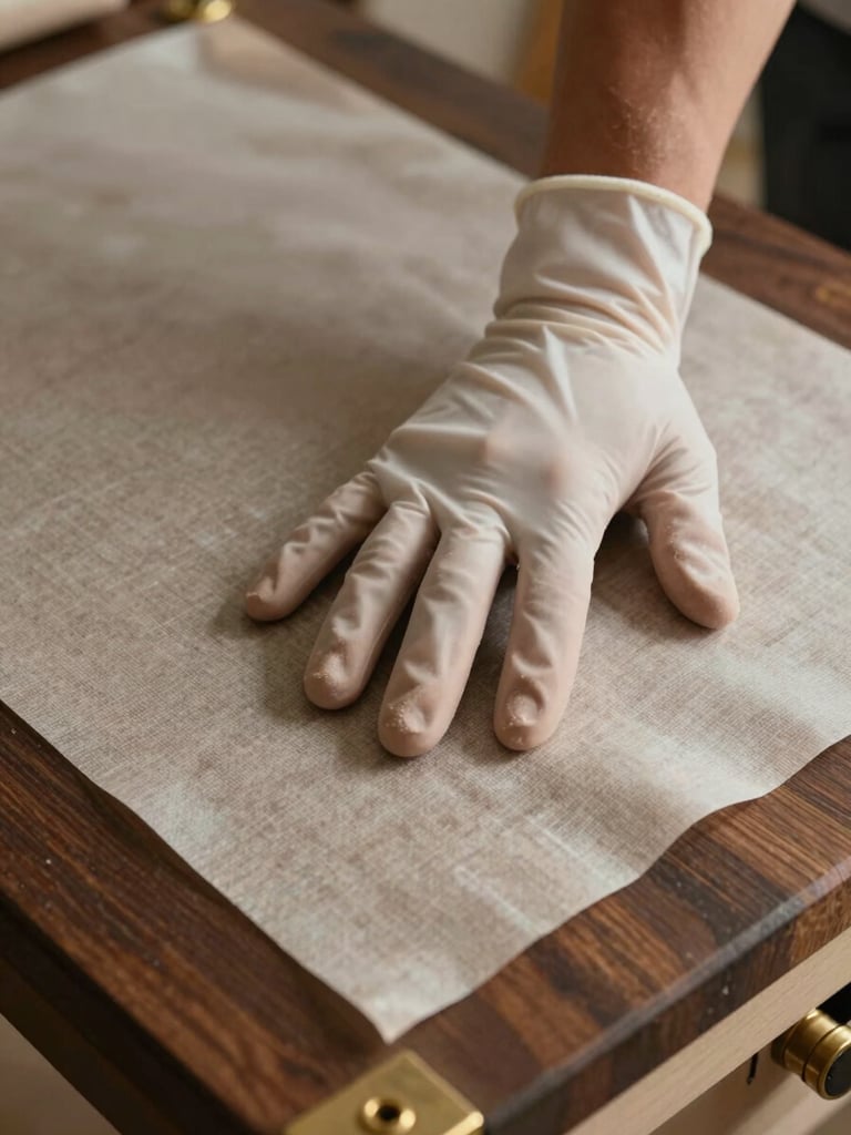 Close-up overhead composition of a gloved hand pressing a humidity barrier sheet flat over a wrapped dark-wood surface, soft north-facing natural daylight, brass hardware visible at the corner edge, warm taupe tones, tactile detail at the centre of frame