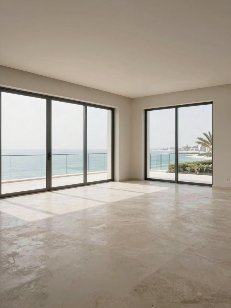 Wide interior shot of a pristine empty luxury villa living room on The Palm Jumeirah, pale stone floors and floor-to-ceiling glass, soft diffused natural daylight, no furniture yet placed — the room awaits precise placement