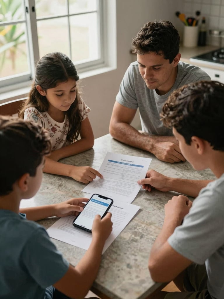 Overhead shot of a Colombian family reviewing insurance documents on a kitchen table, natural afternoon light through a window, phone showing a digital form, warm home interior, no staged smiles