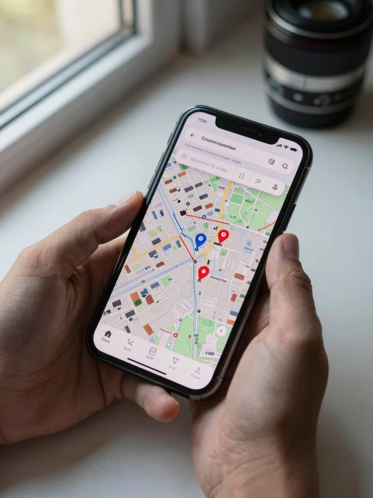 Close overhead shot of a smartphone screen showing a Colombian neighborhood map with property pins and filter panel visible, held by hands on a neutral desk surface, natural daylight from a window to the left