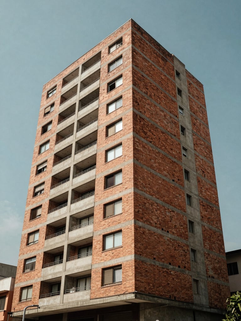 Wide daylight shot of a modern Colombian apartment building facade in Bogotá, warm concrete and brick tones, street-level perspective slightly off-center to the left, clear sky above, no people, no text