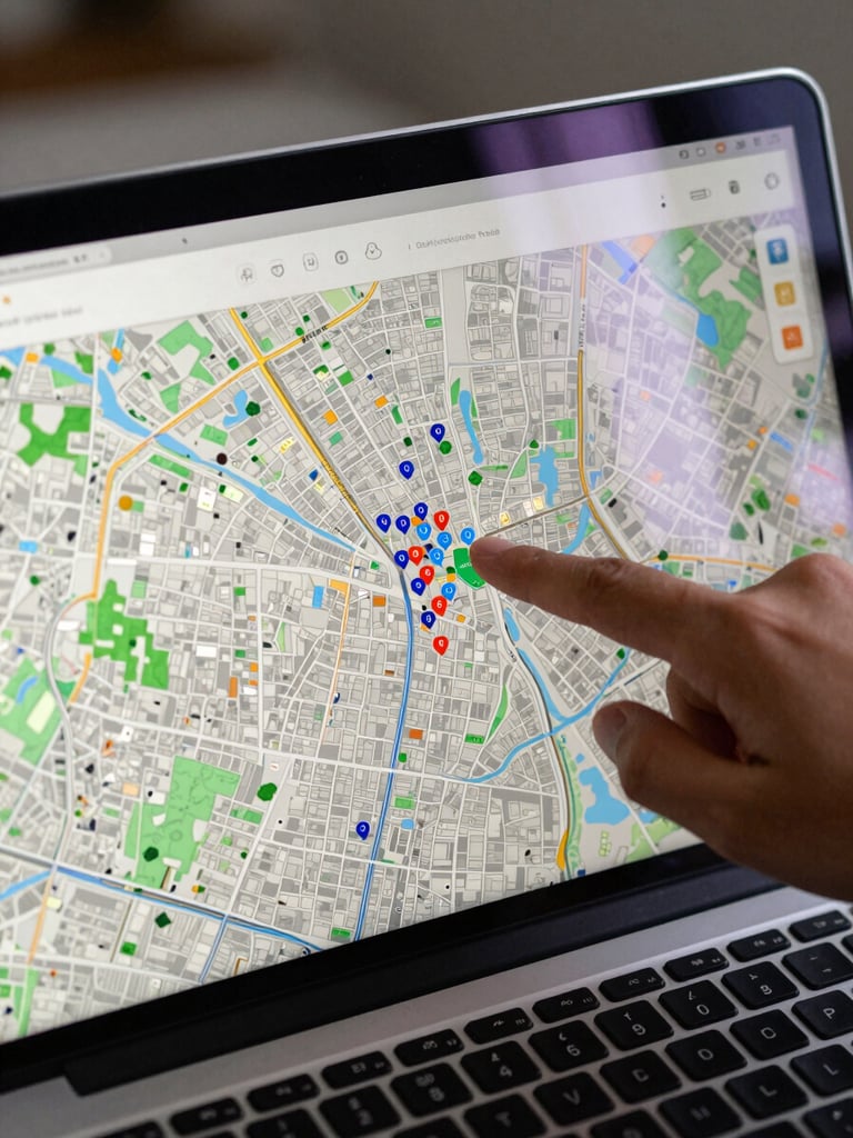 Close-up overhead view of a laptop screen showing a Colombian city neighborhood map with property pins clustered across different zones, natural daylight from a window reflecting on the screen surface, a hand pointing at a specific district
