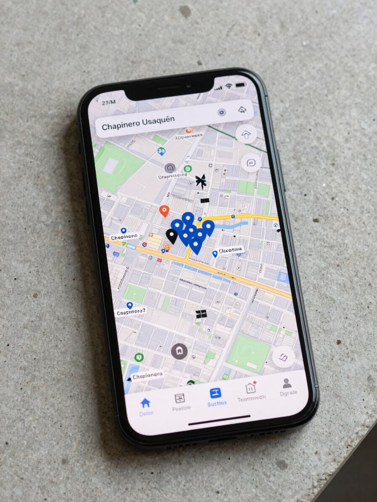 Close overhead shot of a smartphone screen showing an interactive map of Bogotá with property pins clustered across Chapinero and Usaquén, natural daylight falling across the device on a light concrete surface, map tiles and price labels clearly visible on screen