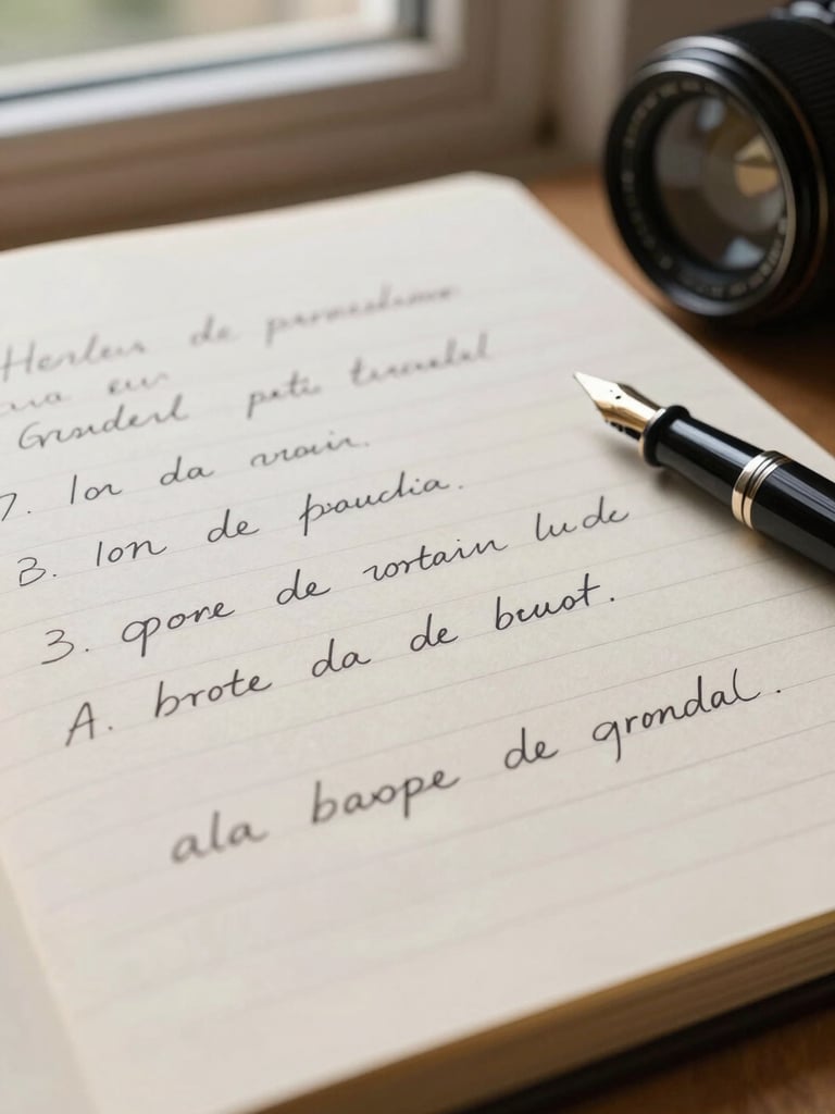 A close-up of handwritten Spanish grammar notes on textured cream paper, a fountain pen resting on the margin, with soft side-lighting from a study window.