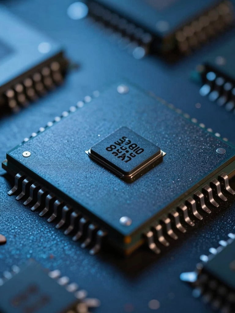 Extreme close-up macro shot of physical silicon microchip under sharp directional blue studio lighting, dark shadows, high-contrast, technical precision