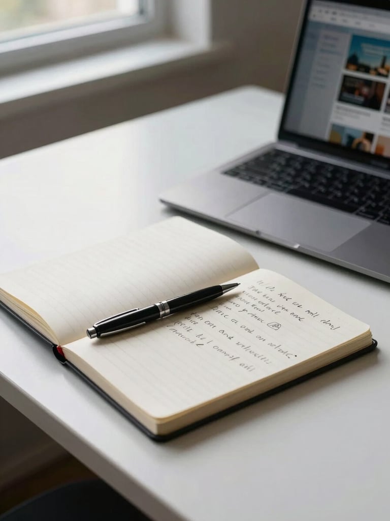Medium shot from above of a clean office desk under soft natural window light — open notebook with handwritten notes, a laptop screen showing a course interface, and a pen resting on the page. No person visible, no clutter, minimal composition.