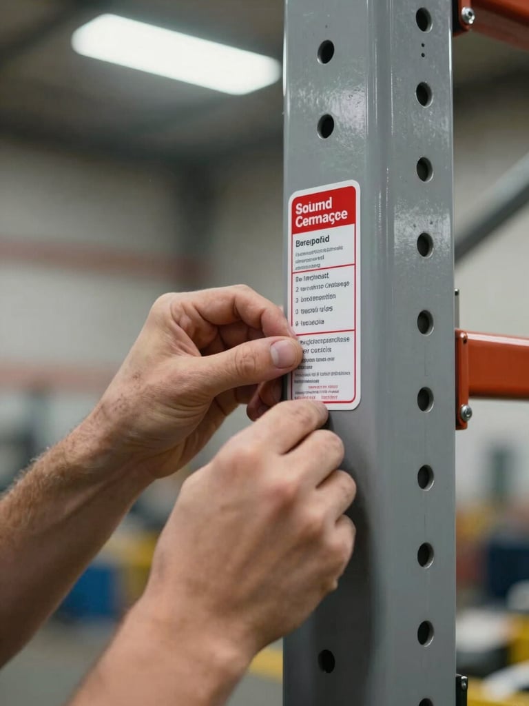 Close-up of a technician's hands affixing a load capacity certification label to a steel rack upright, red and white label clearly visible against gray steel, industrial warehouse background blurred, overhead fluorescent light, no face visible