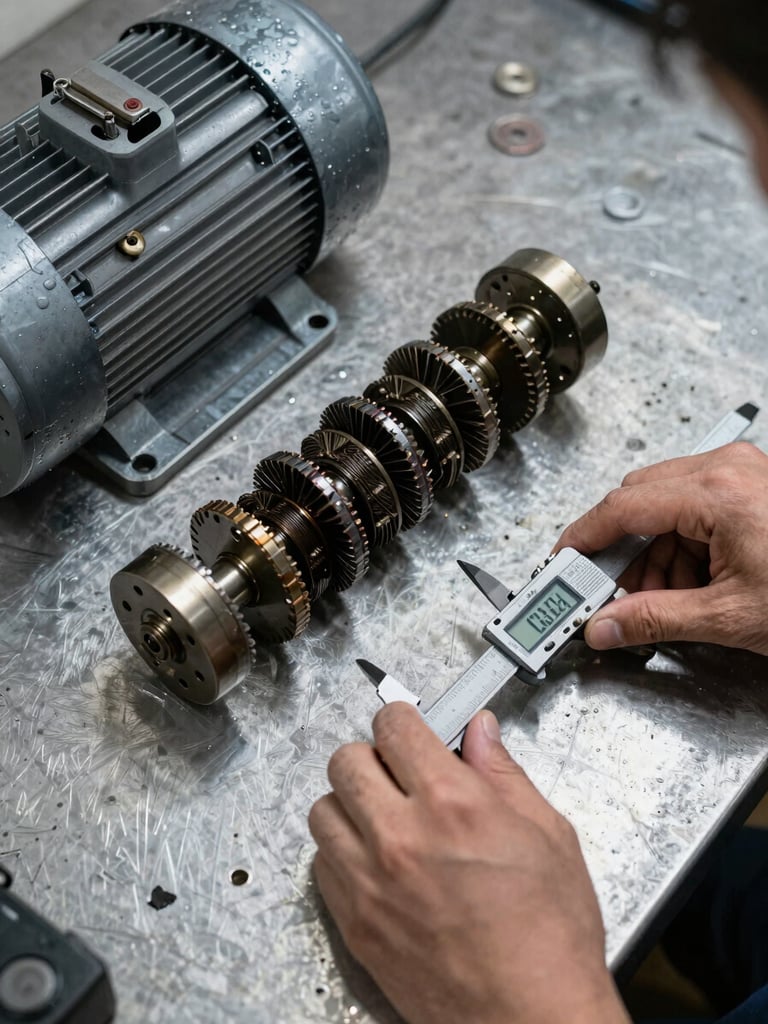 Close-up overhead shot of a disassembled electric motor on a steel workbench, rotor and end-bells laid out in order under harsh work-light, grease marks on the bench surface, hands holding a digital caliper against the shaft
