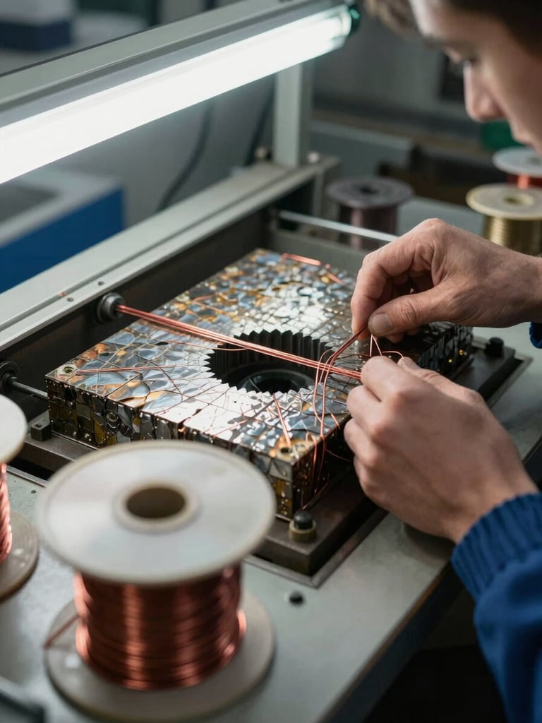 Wide workshop shot of a technician's hands feeding magnet wire through stator slots at a rewind bench, spool of copper wire in the foreground, fluorescent work lights casting sharp shadows across the lamination stack