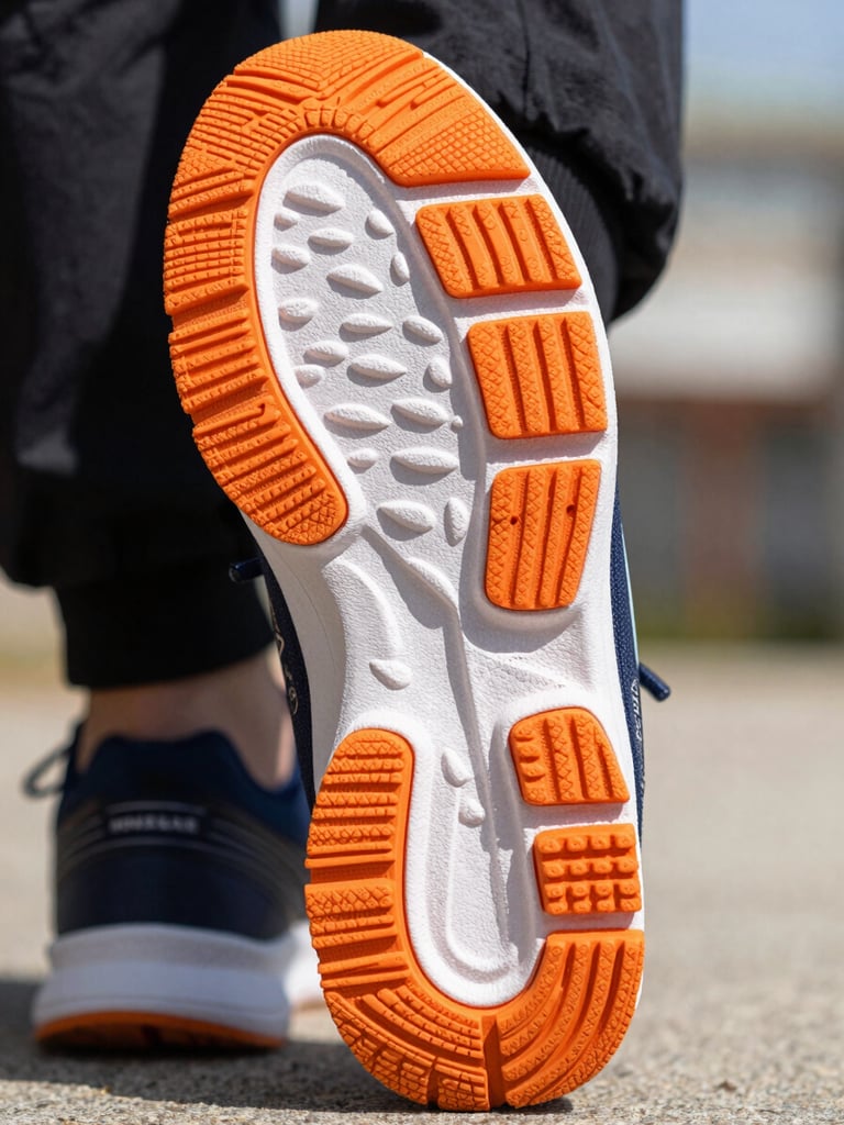 Detailed close-up shot of durable sole and stitching of a modern athletic shoe, bright daylight, sharp textures, high-contrast vibrant colors