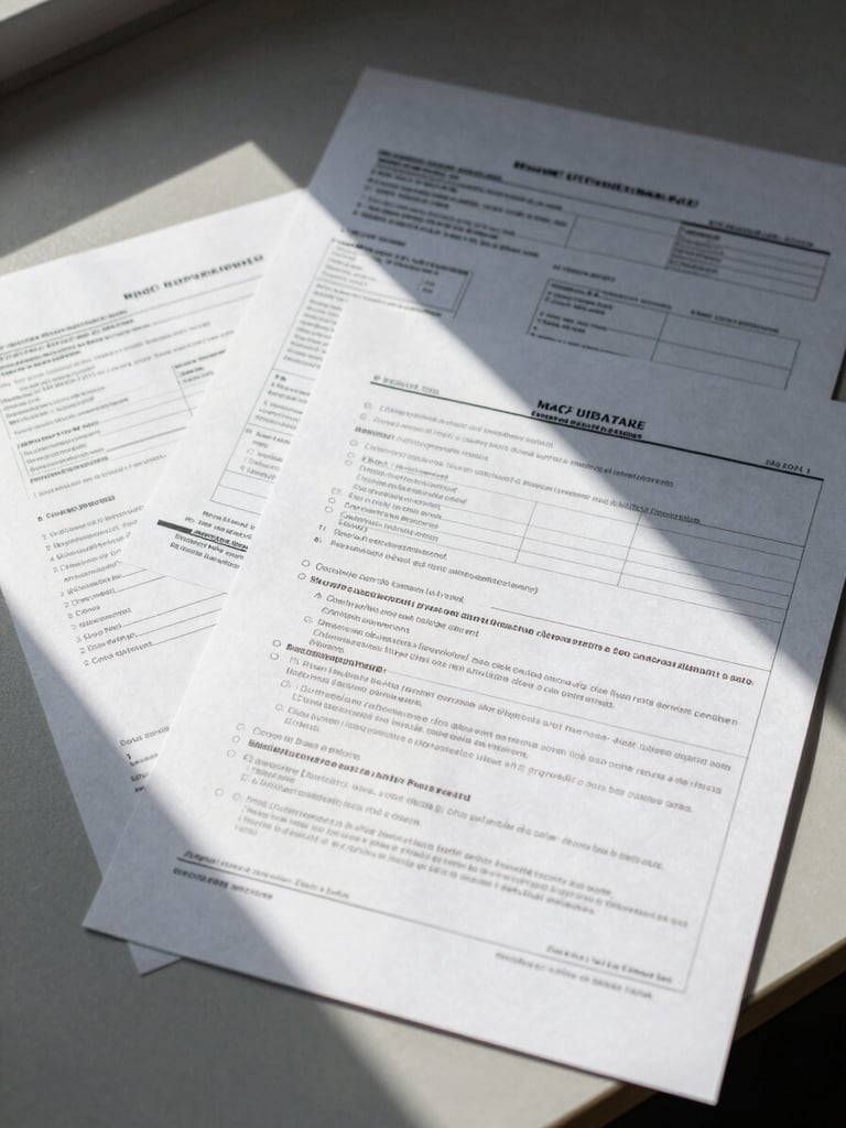 Close overhead study of shipping documents, customs forms, and a manifest spread on a grey desk, directional daylight from the left, crisp paper texture visible