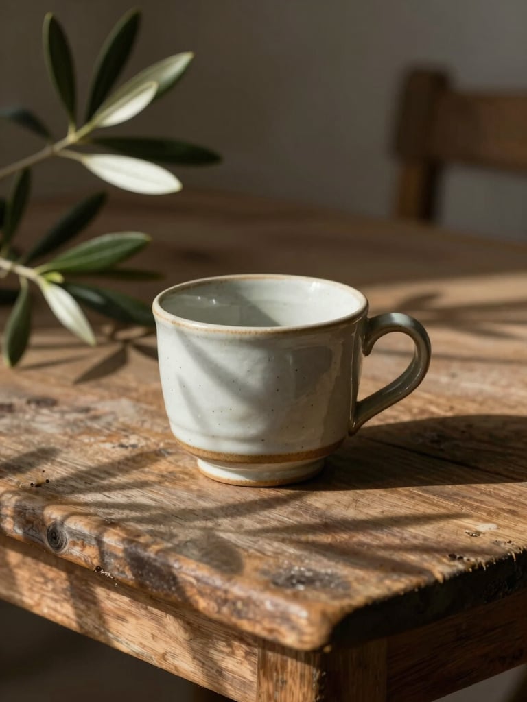 A rustic ceramic cup on a weathered wooden table, soft shadows of olive branches dancing on the surface, quiet morning atmosphere.