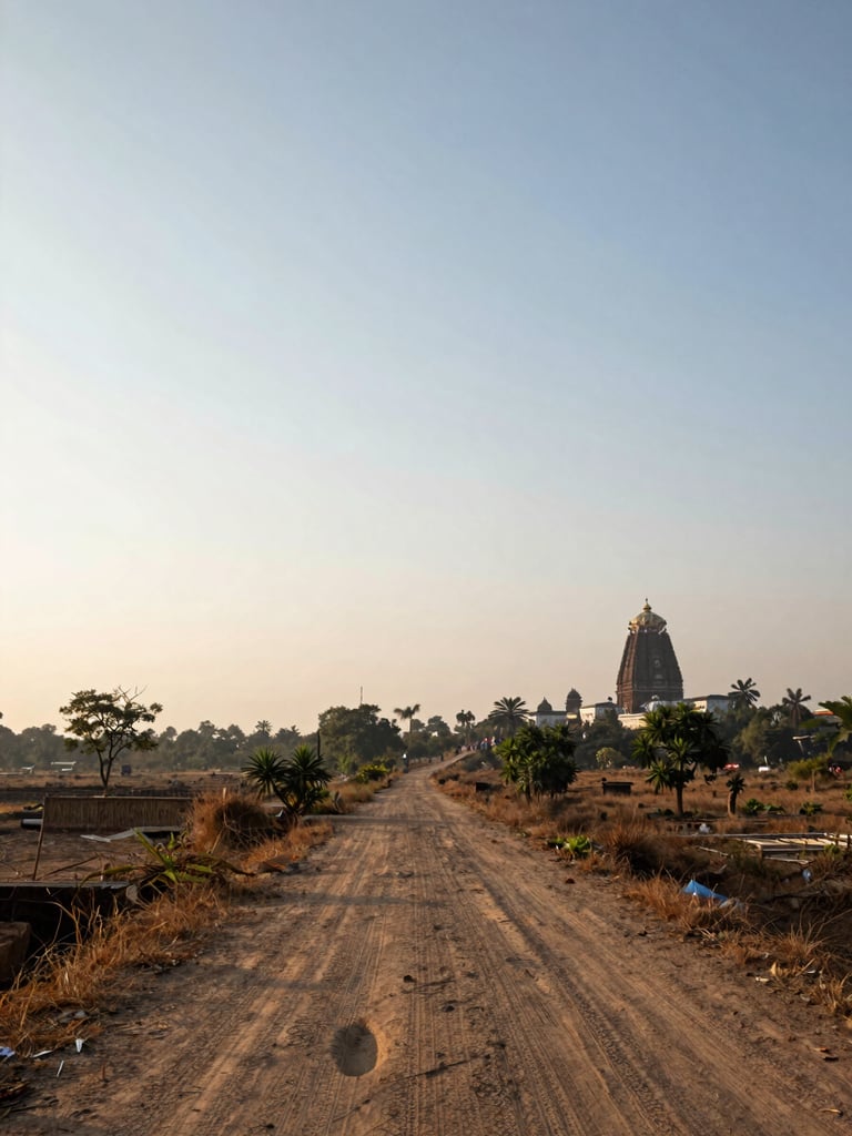 Wide documentary shot along the Govardhan Parikrama path at golden hour, sacred hill silhouette to the far right third, a cleared dirt route stretching into the foreground, natural daylight, low horizon, vast sky