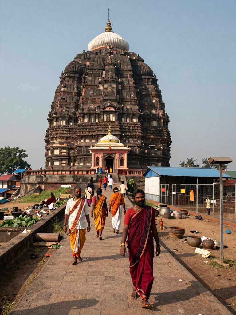 Wide environmental shot of Govardhan hill at midday, pilgrims walking the parikrama path in the foreground, goshala enclosure visible to the right, natural documentary light, geography establishing the scale of the corridor