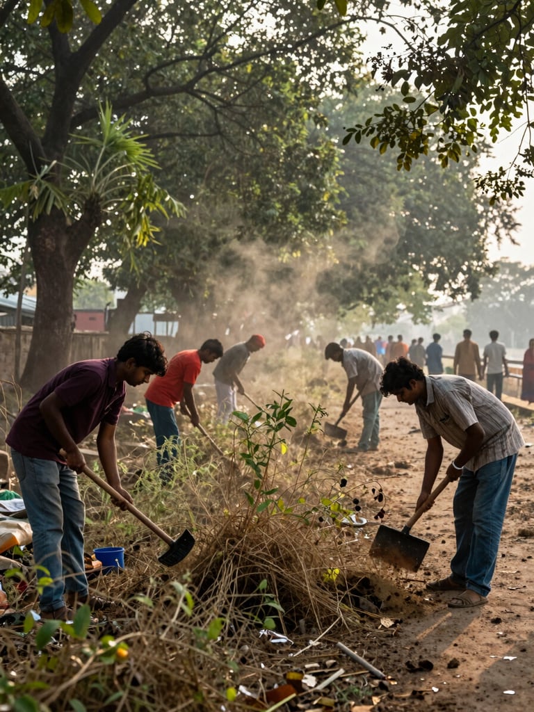 Ground-level view along the Vrindavan parikrama path at dawn, volunteers clearing overgrown vegetation with hand tools, soft natural daylight filtering through trees, documentary framing, dust visible mid-air