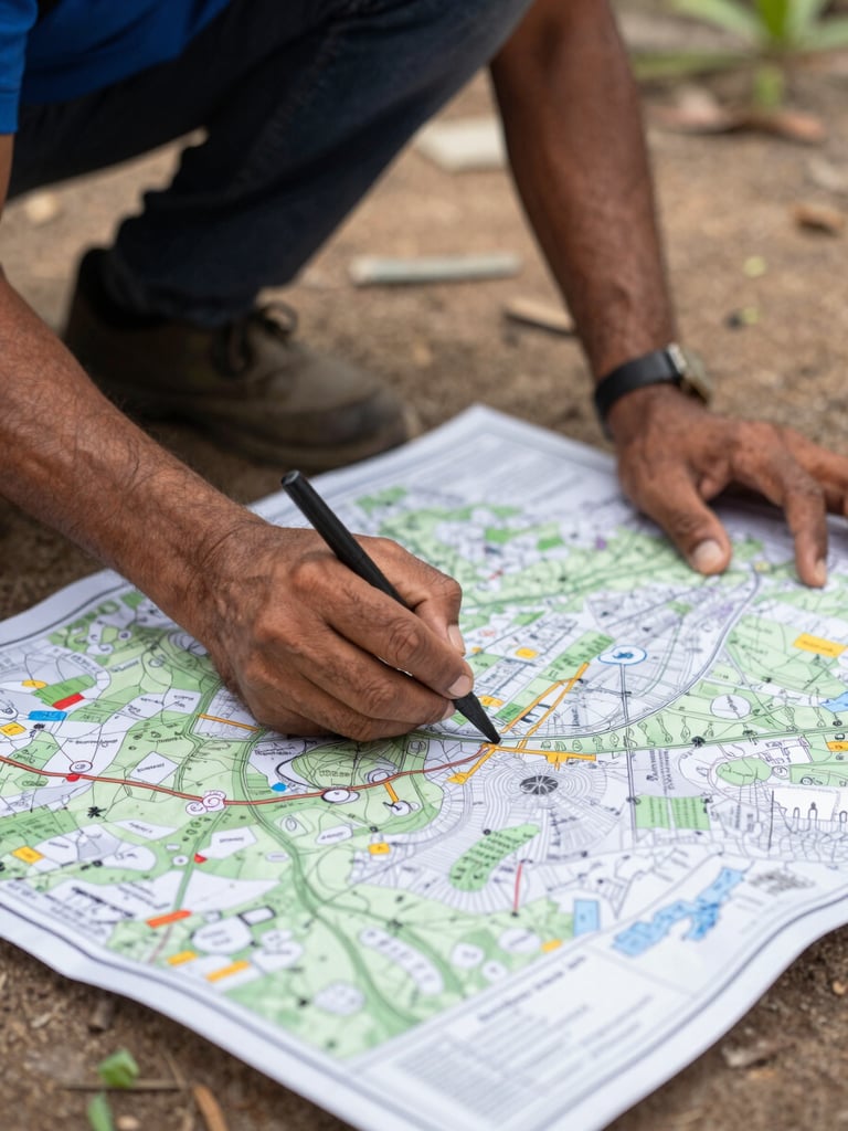 Close-up of a field coordinator's hands marking restoration zones on a paper map laid across the ground, a cleared parikrama path visible behind, natural documentary daylight, no posed faces