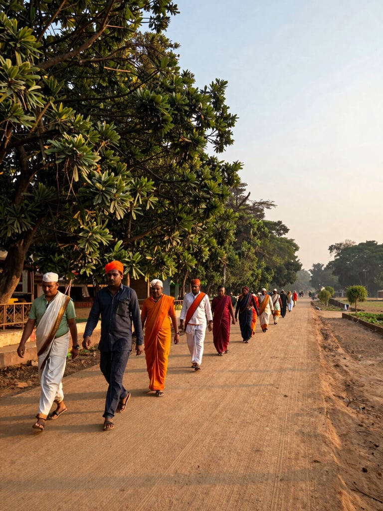 Wide panoramic view along a parikrama footpath at golden hour, pilgrims walking single file on a cleared earthen route, dense sacred grove to the left, open sky to the right, low warm light raking across the ground