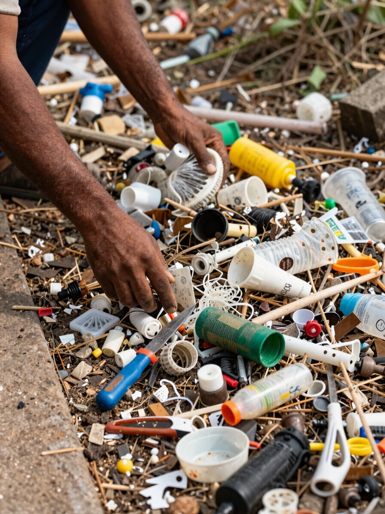 Close documentary photograph of hands clearing dense debris and plastic waste from the edge of Vrindavan parikrama path, natural daylight, tools visible, ground-level framing showing the scale of accumulated encroachment