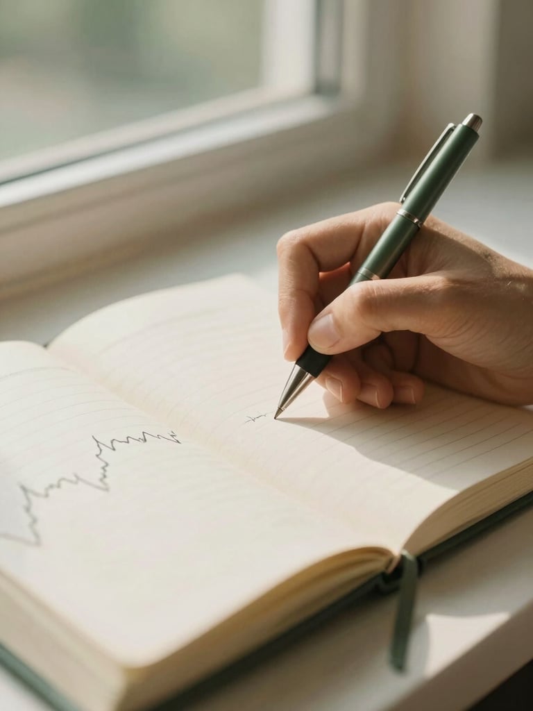 Close-up of hands writing notes in a modern wealth journal, pen poised over a page with subtle financial charts, warm natural light, soft green tones.