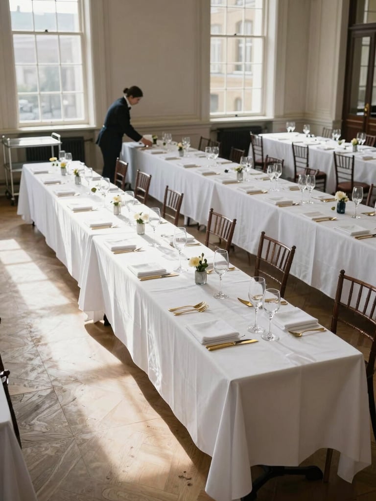 Wide portrait shot of an empty London reception hall being prepared for a formal dinner — white-linened tables in long rows, glassware and gold cutlery being set precisely, natural window light casting clean shadows across the floor, one member of staff in dark uniform working at the far table, service trolley visible to the left edge