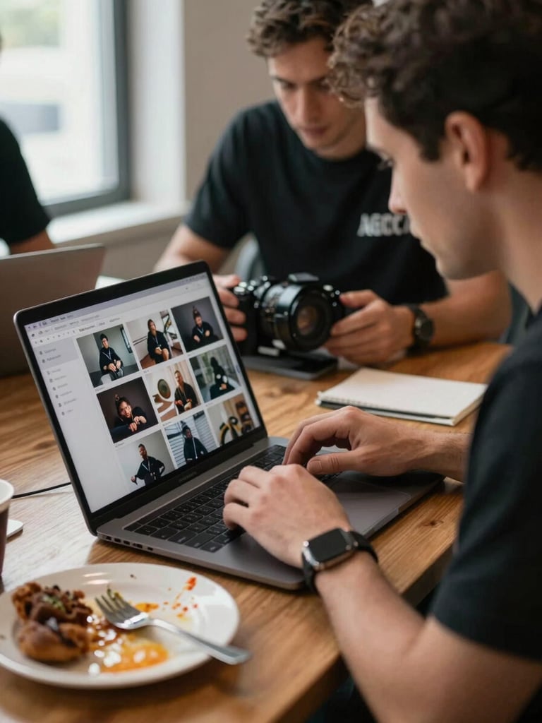 Agency team member reviewing images on a laptop at a wooden table, a half-eaten plate of food beside the keyboard, natural window light from the left, candid focus mode — not posed
